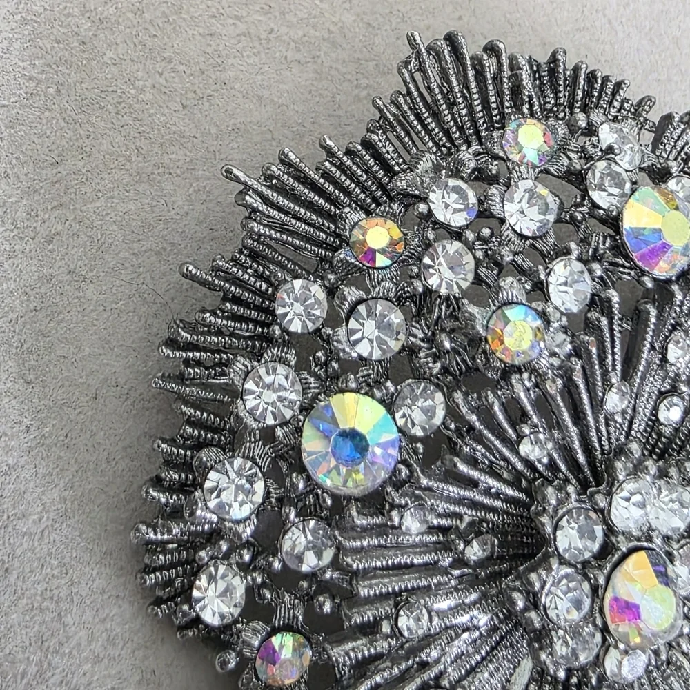 Vintage Silver Starburst Brooch Pin with Crystal Accents